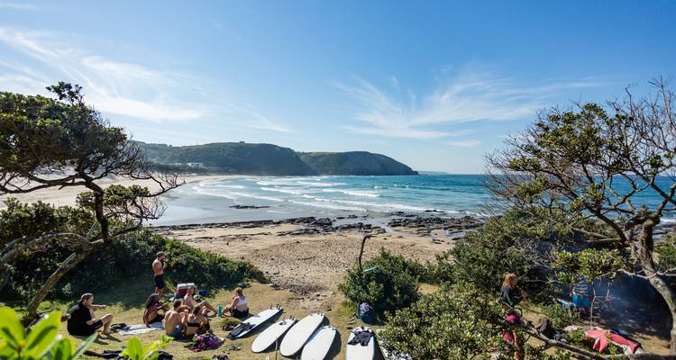 Un groupe se détend sur une falaise herbeuse surplombant une plage de surf avec des planches et un pique-nique sous un ciel bleu.