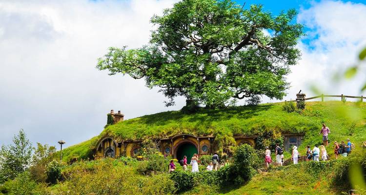 Touristen erkunden ein grünes Hobbit-Loch-Dorf unter dem berühmten Fest-Baum.
