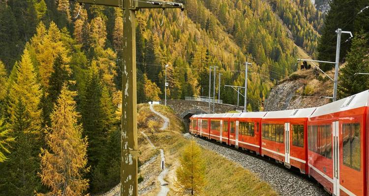Leuchtend roter Personenzug schlängelt sich durch herbstlich gefärbten Alpenwald.