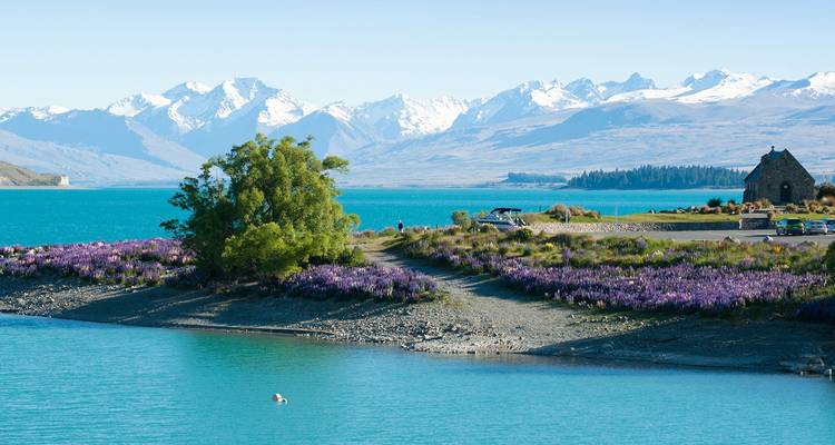 Azure alpine lake bordered by purple lupines with snowy peaks and a stone church in the background
