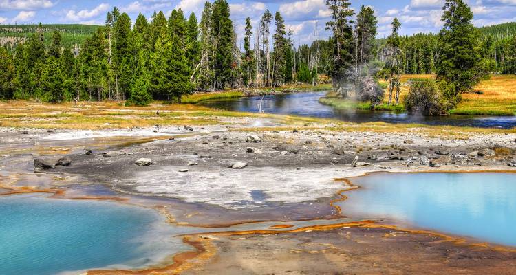 Piscinas termales coloridas y respiraderos humeantes bordean un río tranquilo en un valle boscoso de Yellowstone