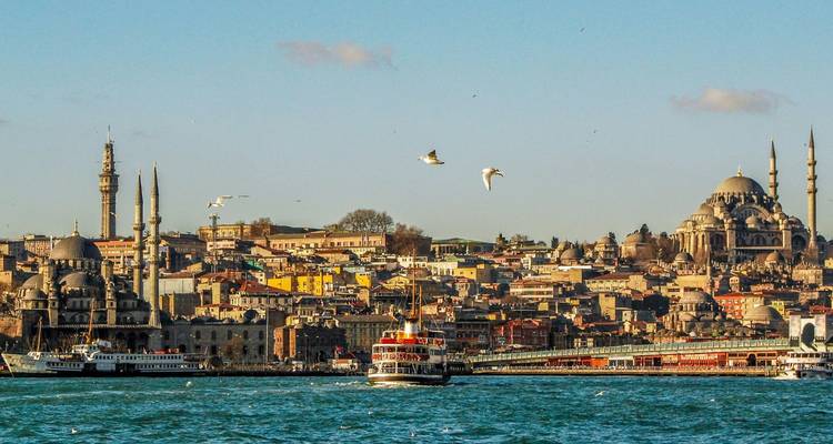 Panoramic view of Istanbul’s skyline with historic mosques and minarets rising above colorful buildings, ferries crossing the Bosphorus and seagulls flying overhead.