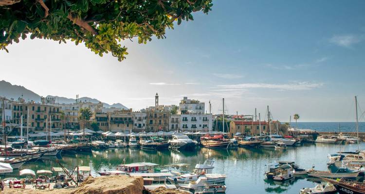 Picturesque harbor filled with yachts and fishing boats backed by stone buildings and distant mountains under a clear blue sky.