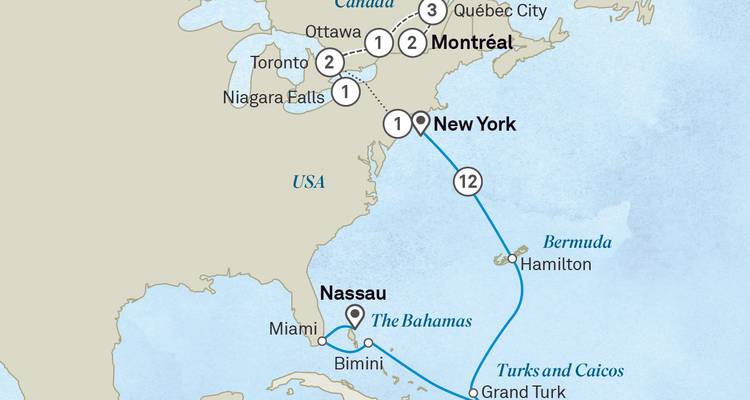 Mapa de ruta ilustrado de un itinerario de crucero por la costa este de EE.UU. y Canadá que destaca ciudades y la ruta marina.