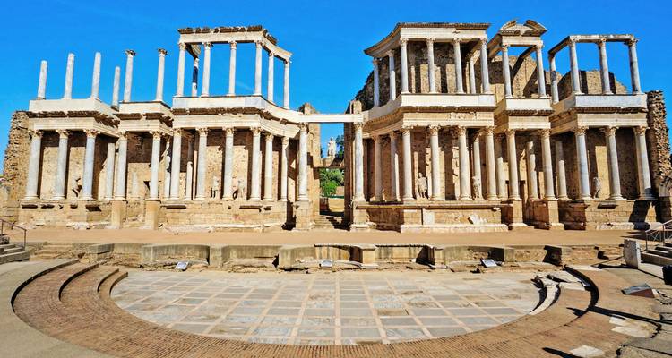 Front view of the grand Roman Theatre in Mérida with semi-circular stage