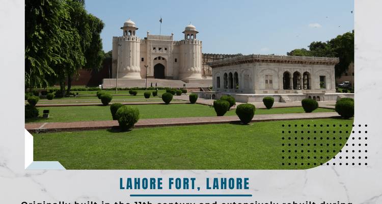 Foto de estilo infografía del Fuerte de Lahore con texto descriptivo y bordes de diseño.