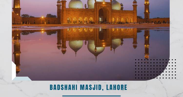Infografía que muestra la Mezquita de Badshahi al atardecer con reflejo y texto de leyenda explicativo.