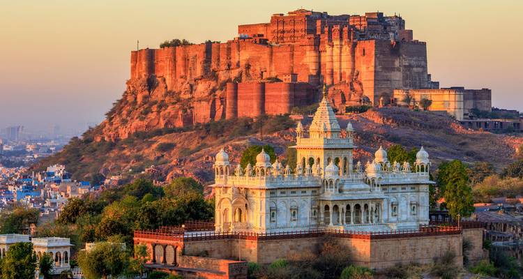 Mehrangarh Fort and white marble Jaswant Thada at sunset above Jodhpur city