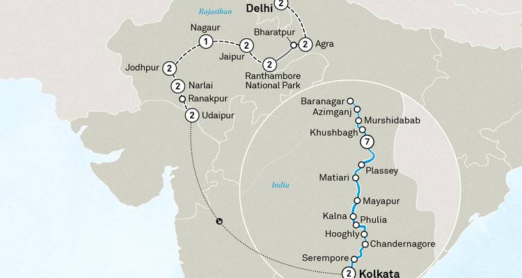 Northern India and Ganges river cruise itinerary map including Delhi, Jaipur and Kolkata