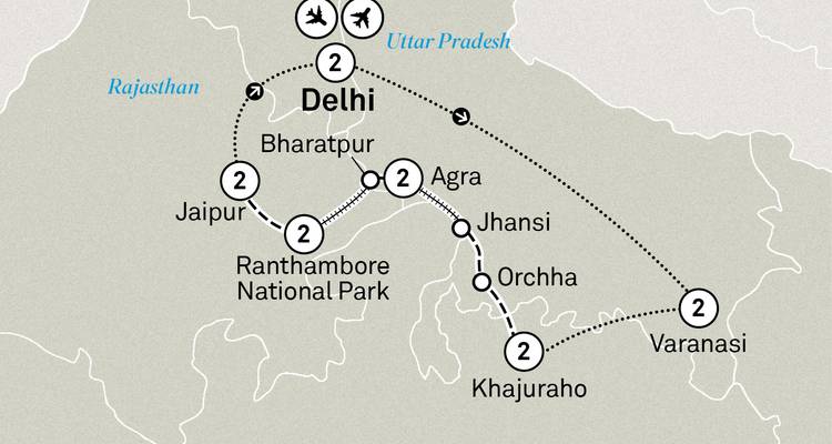 Golden Triangle and tiger safari route map highlighting Delhi, Agra, Jaipur and Varanasi