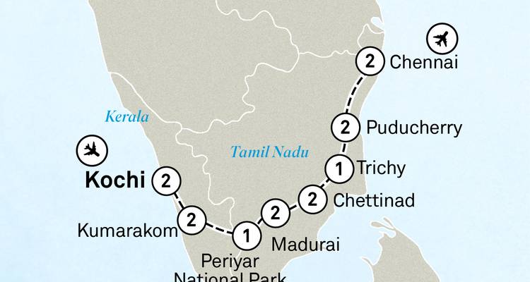 Tour map outlining a circuit through Kochi, Chennai, Puducherry, Madurai and Periyar in southern India.