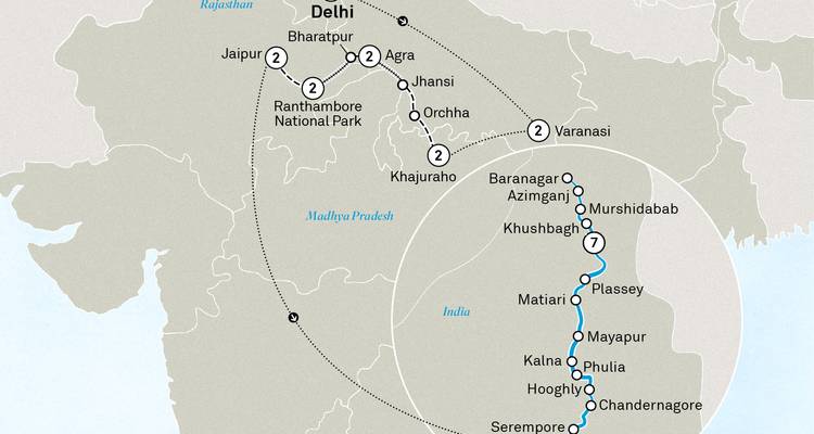 Extended Northern India and Ganges cruise map showing rail and river segments