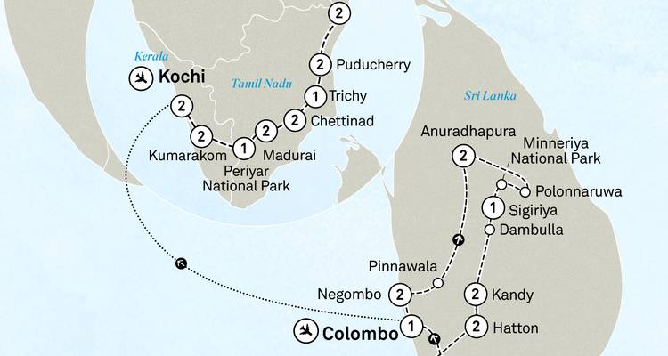 Clear graphic map showing an overland and sea tour route between southern India and Sri Lanka.