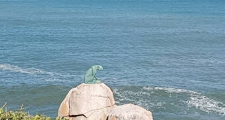 Small green lizard sculpture sits atop a seaside boulder with vast ocean waves behind.