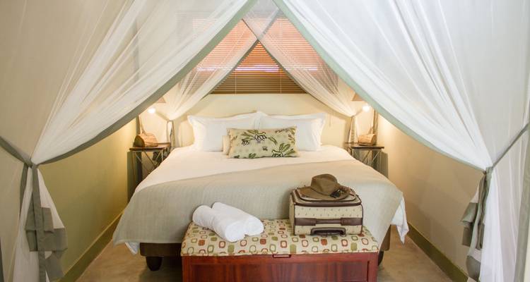 Gemütliches Safari-Lodge-Schlafzimmer mit Baldachin, neutraler Einrichtung und Vintage-Koffer auf der Bank