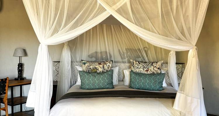 Chambre élégante de lodge de safari avec ciel de lit en moustiquaire, oreillers à motifs et lumière naturelle chaleureuse.