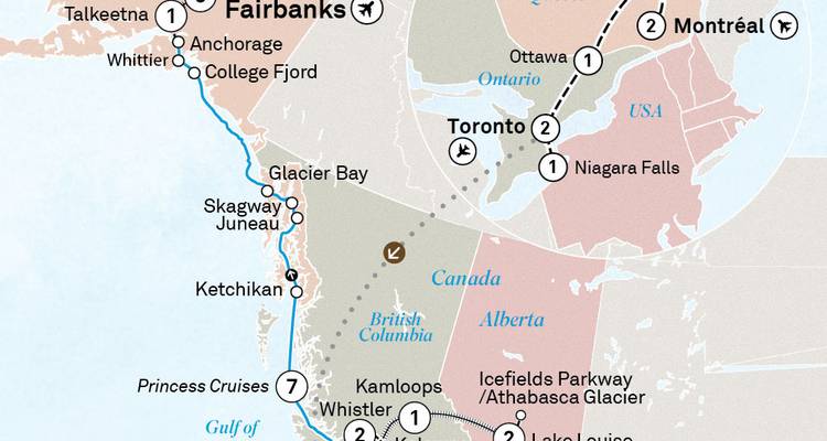 Carte stylisée montrant un itinéraire combinant train et croisière à travers le Canada et l'Alaska.