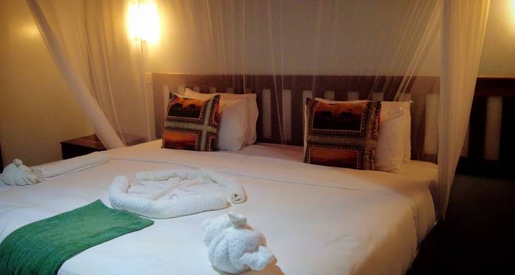 Cama doble bien hecha con mosquitero, cojines con patrón de elefantes y arte con toallas en una habitación de lodge de safari.