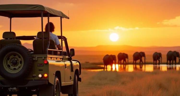 Safari voertuig dat naar olifanten kijkt die water drinken bij een waterplaats tijdens een levendige zonsondergang