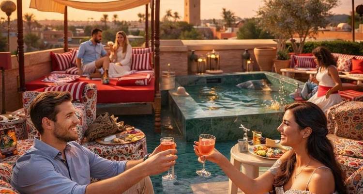 Stylish rooftop lounge at sunset with couples toasting beside a plunge pool overlooking Marrakesh skyline.