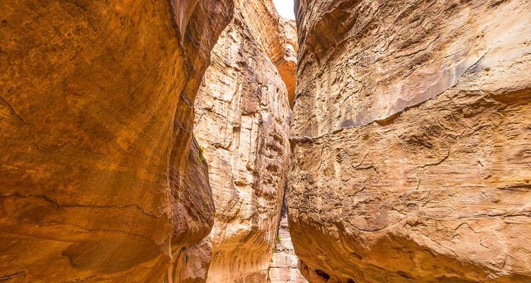 Narrow sandstone canyon walls with glowing orange striations rise toward a sliver of sky