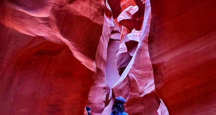 Visitor gazes up at the flowing red sandstone walls of Antelope Canyon illuminated by natural light beams.
