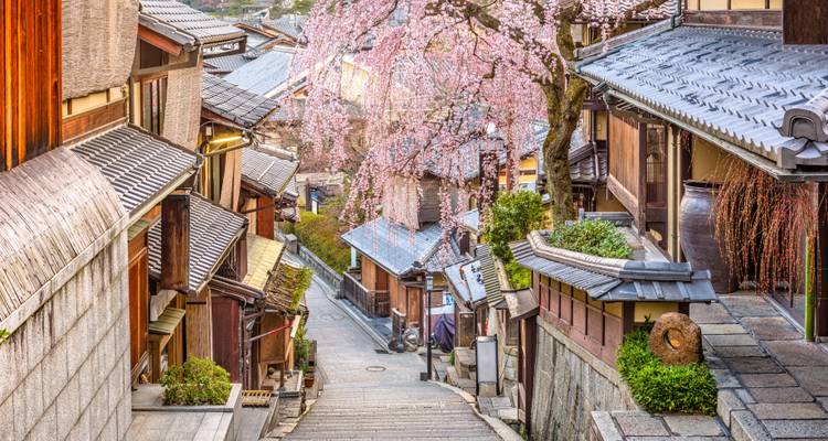 Callejón estrecho de piedra bordeado de casas tradicionales de madera y flores de primavera colgantes.