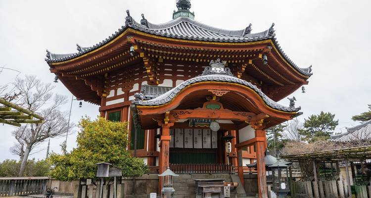 Salón de madera ornamentado de un templo japonés histórico con techos intrincados y linternas.