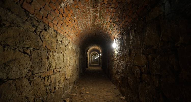 Long, dimly lit brick tunnel with a dirt floor stretching into the distance.
