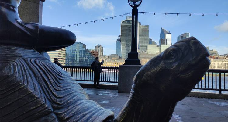 Foreground bronze turtle sculpture with blurred skyline of modern City towers and lone figure.