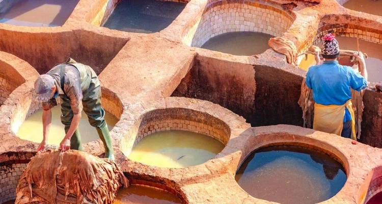 Workers process hides in the honey-comb vats of Fes’ colourful leather tanneries.