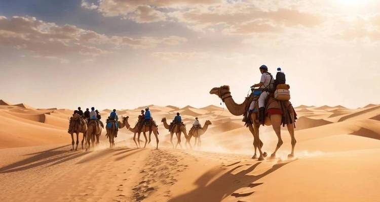 Silhouetted camels and riders traverse sunlit dunes, raising dust in the golden desert light.