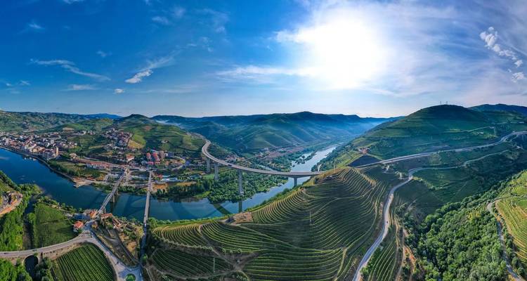 Panoramic aerial of the Douro Valley’s terraced vineyards, winding river, and bridges under bright sun.