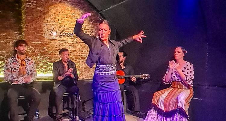 Flamenco dancer performs passionately on stage accompanied by musicians and clapping singers.
