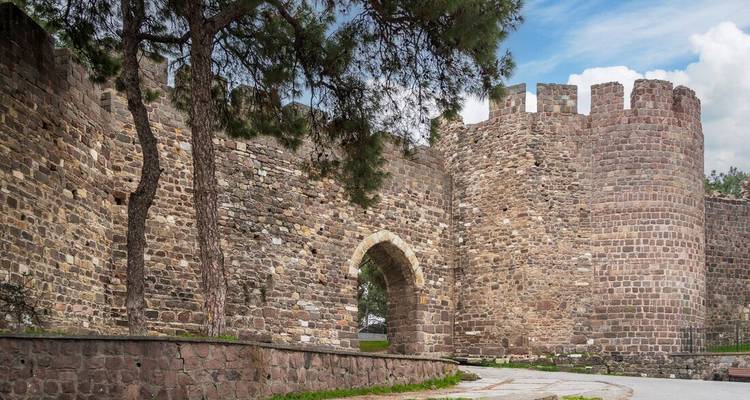 Muro de fortaleza medieval de piedra con almenas y una puerta arqueada bajo un cielo parcialmente nublado.