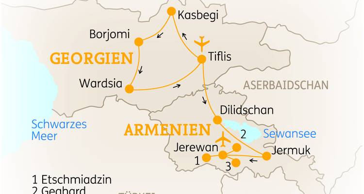 Tourverlaufsplan von Armenien und Georgien mit Hervorhebung der Haupthaltestellen und Flugstrecken.