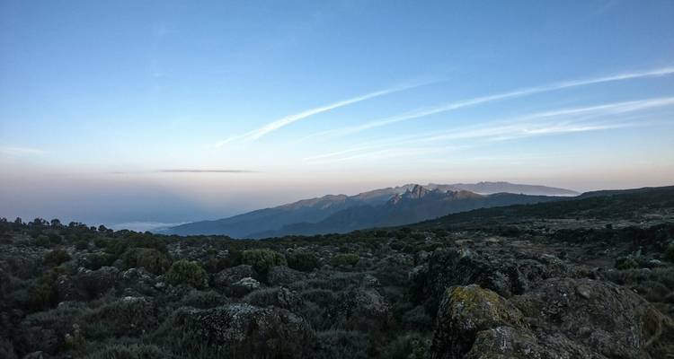 Zacht ochtendlicht schildert de horizon boven verre bergkammen en golvende heide op de Kilimanjaro.
