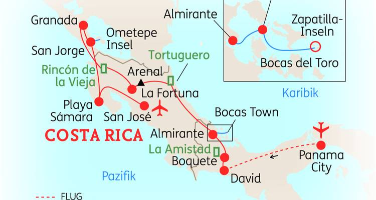 Gestileerde routekaart met hoogtepunten van bestemmingen in Costa Rica, Nicaragua en Panama.