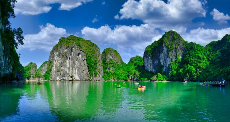 Panoramische smaragdgroene wateren en kalkstenen kliffen van Ha Long Bay onder een helder blauwe lucht.