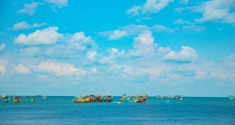 Dozens of colorful fishing boats float on vibrant blue sea beneath fluffy clouds