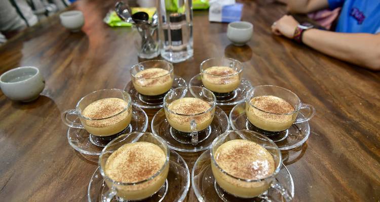 Seven glass cups of creamy Vietnamese egg coffee arranged neatly on a wooden table.
