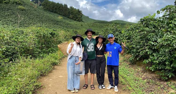 Four travellers posing on a dirt path through lush coffee plantations with hills behind.