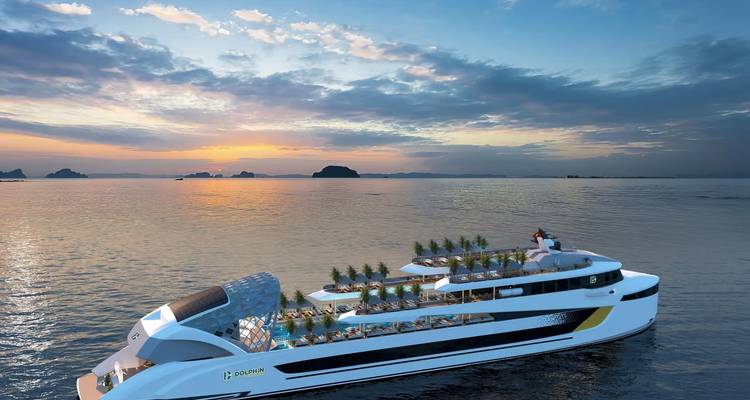Modern luxury day-cruise ship rendered on tranquil sea at sunset.
