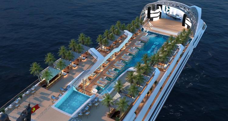 Render of cruise ship top deck with twin infinity pools lined by palm trees at night.