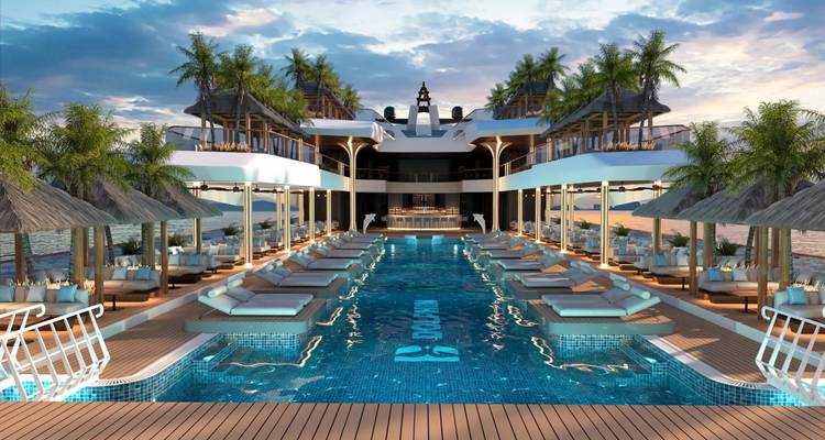 Luxury cruise pool deck render with cabanas, loungers and ambient lighting over water.