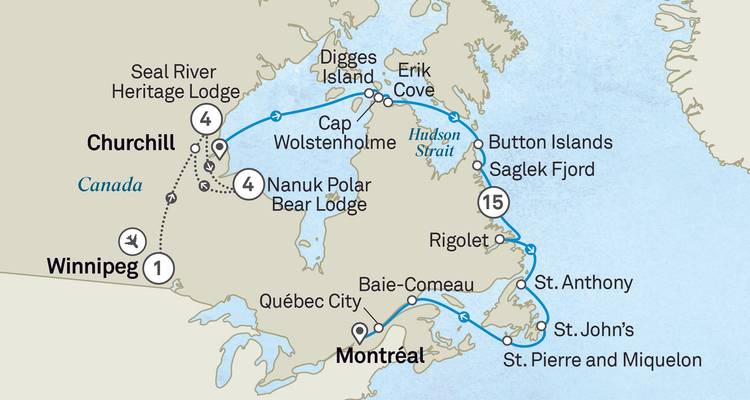 Carte montrant l'itinéraire de voyage à travers l'est du Canada mettant en évidence les destinations telles que Montréal, la Ville de Québec et Churchill