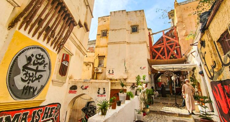 Narrow alley in the Casbah painted with colorful street art, potted plants, and a few tourists exploring.