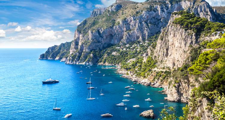 Cliffs of Capri plunge into vivid blue Mediterranean waters dotted with yachts and sailboats.