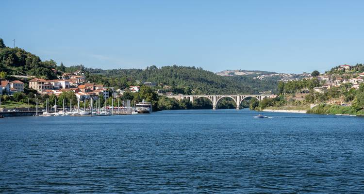 Calm stretch of the Douro River with a small marina, riverside village and arched concrete bridge in the distance.