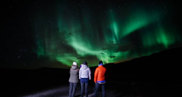 Trois voyageurs en groupe contemplent les aurores boréales d'un vert éclatant qui dansent dans un ciel étoilé.
